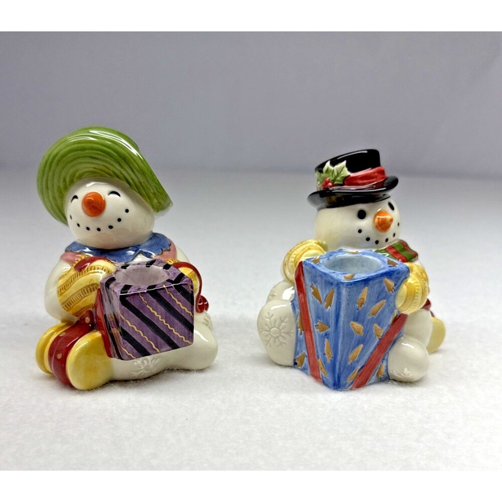 Fitz & Floyd Frosty Folks Snowman Candle Holders Christmas Pair Vintage Set 2